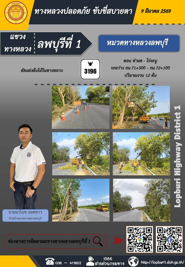 ทางหลวงปลอดภัยขับขี่สบายตา แขวงทางหลวงลพบุรีที่ 1 ประจำวันที่ 9 มีนาคม 2569